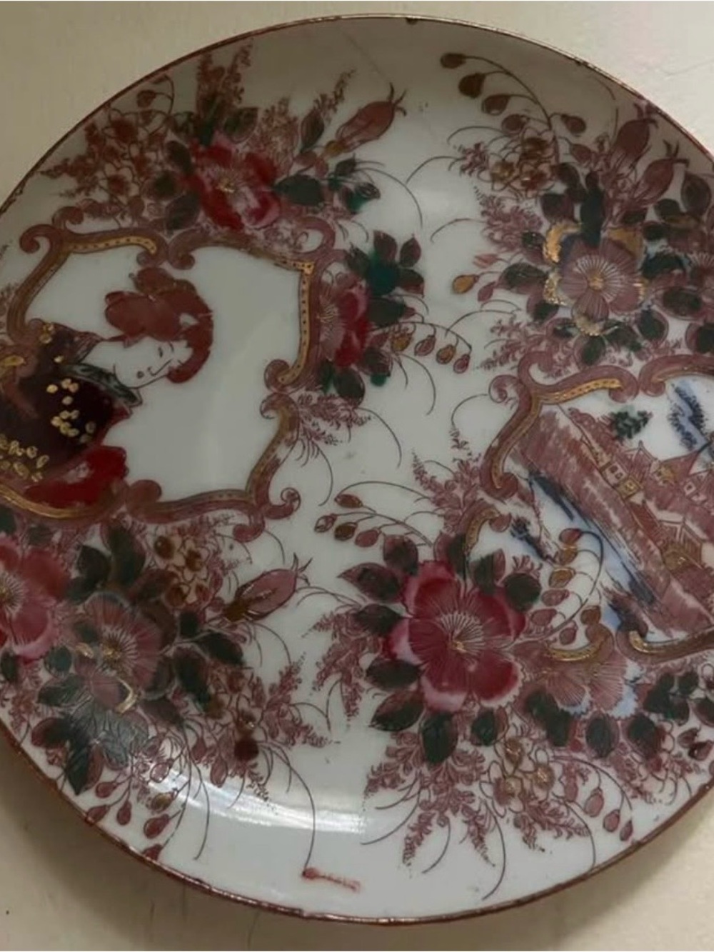 Hand-Painted Porcelain Decorative Plate in Red and Gold